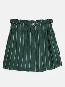 luyk Girls Green & White Striped Paperbag Waist A-Line Skirt