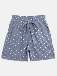 luyk Girls Blue & White Polka Dot Print Pure Cotton High-Rise Regular Fit Shorts