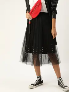 SHECZZAR Women Black Embellished Accordion Pleated Flared Skirt
