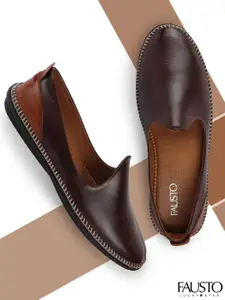 FAUSTO Men Brown Colourblocked PU Mojaris