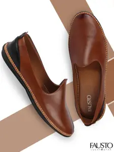 FAUSTO Men Tan Brown Solid Leather Mojaris