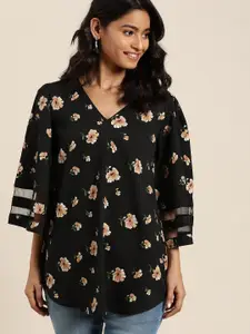 Qurvii Black & Beige Floral Printed Flared Sleeves Crepe Top