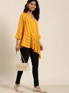 Qurvii Mustard & Cream Colored Striped Bell Sleeves Crepe A-Line Top