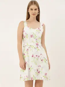 AND Women White Pink & Green Floral Printed A-Line Dress