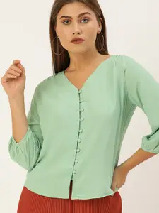 AND Green Puff Sleeves A-Line Top