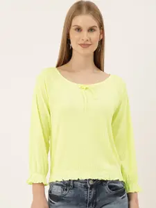 And Yellow Self-Design Knitted Boat Neck Raglan Cuffed Sleeves Blouson Top