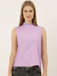 And Lavender Self-Design Ruffle Collar Sleeveless Regular Top