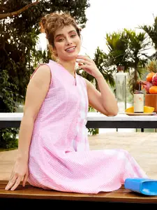 AND Women Pink & White Checked Fit and Flare Asymmetric Dress With gathered Pleated Detail