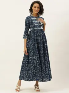 Taavi Women Navy Blue & White Indigo Hand Block Print Sustainable Maxi Dress