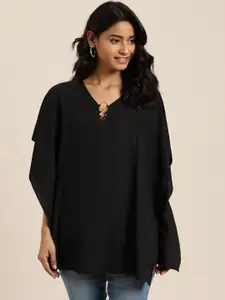 Qurvii Black Solid Kimono Sleeves Crepe Kaftan Top