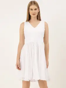 AND Women White Self Design Fit and Flare Dress