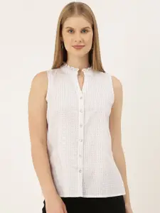 AND Women White Regular Fit Striped Pure Cotton Casual Shirt