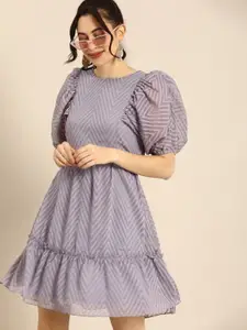 Athena Serene Lavender Dobby Pattern Power Shoulders Geometric A-Line Dress