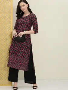 House of Pataudi Women Black & Red Floral Printed Floral Kurta