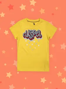 U.S. Polo Assn. Kids Girls Yellow & Grey Printed Round Neck T-shirt