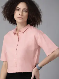 Roadster Women Pink Cotton Solid Cropped Casual Shirt