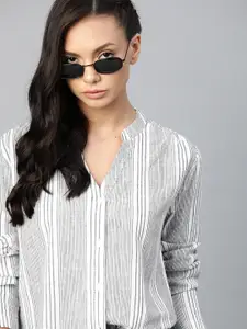 Roadster Women White & Black Striped Casual Shirt