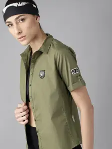 Roadster Women Olive Green Pure Cotton Solid Applique Casual Shirt