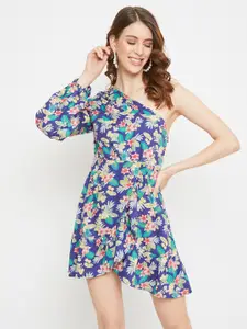 Berrylush Women Blue Floral Printed One Shoulder Fit and Flare Dress