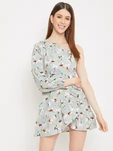 Berrylush Women Grey & White Floral Printed Fit and Flare Dress with Ruffles
