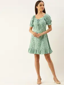 Berrylush Women Green & Blue Floral Printed A-Line Dress with Tie-Up Detail