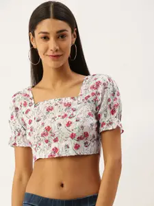 Berrylush White & Red Floral Printed Puff Sleeves Styled Back Crop Top