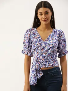 Berrylush White & Blue Floral Printed Puff Sleeves Waist Tie-Up Cinched Waist Top
