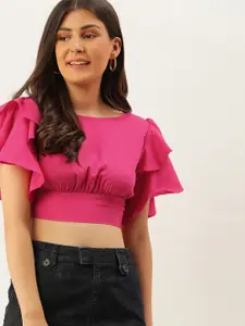 Berrylush Pink Solid Flutter Sleeves Styled Back Crop Top