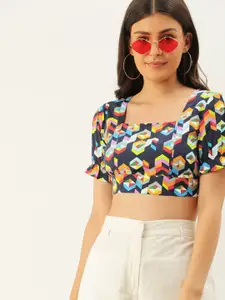 Berrylush Multicoloured Geometric Printed Puff Sleeves Styled Back Crop Top