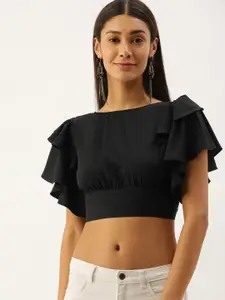 Berrylush Black Ruffles Crepe Styled Back Crop Top