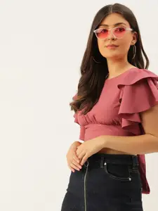 Berrylush Pink Solid Flutter Sleeves Styled Back Crop Top