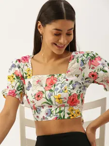 Berrylush Multicoloured Floral Printed Puff Sleeves Styled Back Crop Top