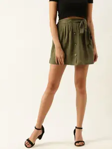 Berrylush Women Olive Green Solid Flared Mini Skirt