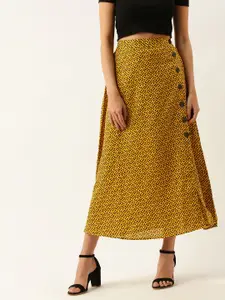 Berrylush Women Mustard Yellow & Black Animal Printed A-Line Skirt