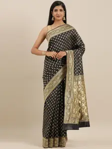 Mitera Black & Gold-Toned Silk Blend Woven Design Banarasi Saree