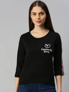 Enviously Young Women Black Slim Fit Solid Round Neck Pure Cotton T-shirt with Printed Detail
