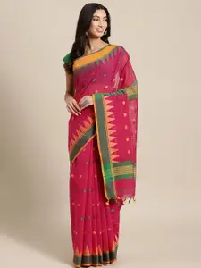 Kalakari India Pink & Green Woven Design Ikat Handloom Saree