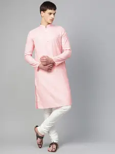 Manthan Men Pink & White Woven Design Straight Kurta