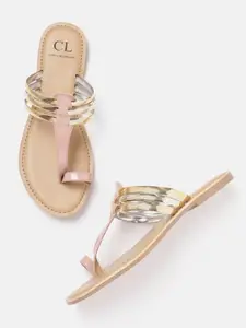 Carlton London Women Pink & Golden Colourblocked Solid Open Toe Flats