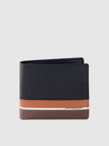 Allen Solly Men Navy Blue & Brown Striped Leather Two Fold Wallet