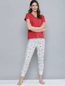 HERE&NOW Women Red & White Solid Night suit