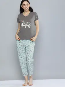 HERE&NOW HERE&NOW Women Grey & Turquoise Blue Printed Night suit