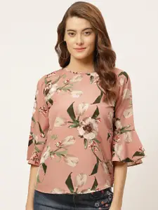 One Femme Pink & Green Floral Printed Bell Sleeves Regular Top