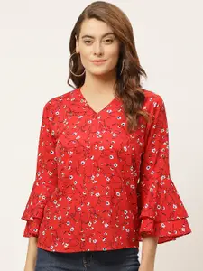 One Femme Red & White Floral Printed Bell Sleeves Regular Top