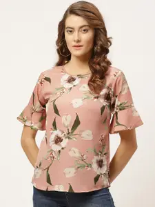 One Femme Pink & Beige Floral Printed Bell Sleeves Regular Top