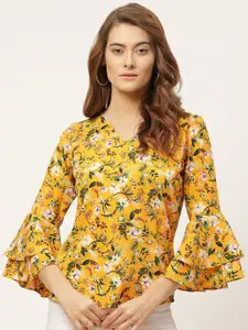 One Femme Yellow & Black Floral Printed Bell Sleeves Crepe Regular Top