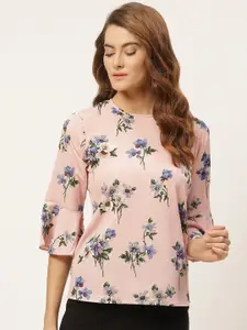One Femme Peach-coloured & Green Floral Printed Bell Sleeves Crepe Regular Top