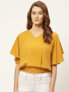One Femme Mustard Yellow Flared Sleeves Crepe Cinched Waist Crop Top