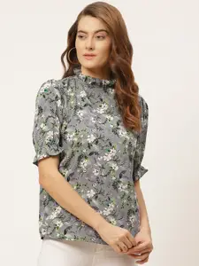 One Femme Grey & Black Floral Printed Puff Sleeves Crepe Regular Top