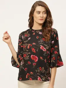 One Femme Black & Red Floral Printed Bell Sleeves Regular Top